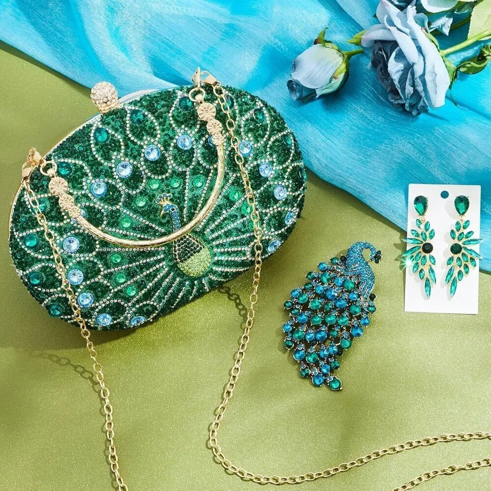Evening Clutch Purse Set Crystal Peacock Jewelry Gift for Women